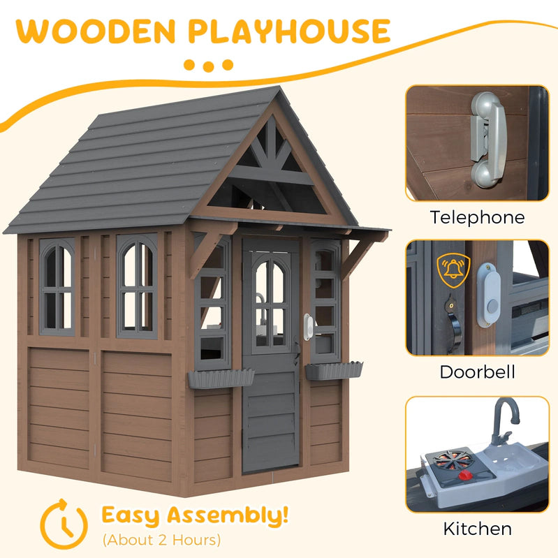 Coclub Outdoor Playhouse For Kids Ages 4-8, Wooden Play House With Doorbell, Phone, Kitchen Toys, Outdoor Kids Play Equipment, Casa Para Ni As