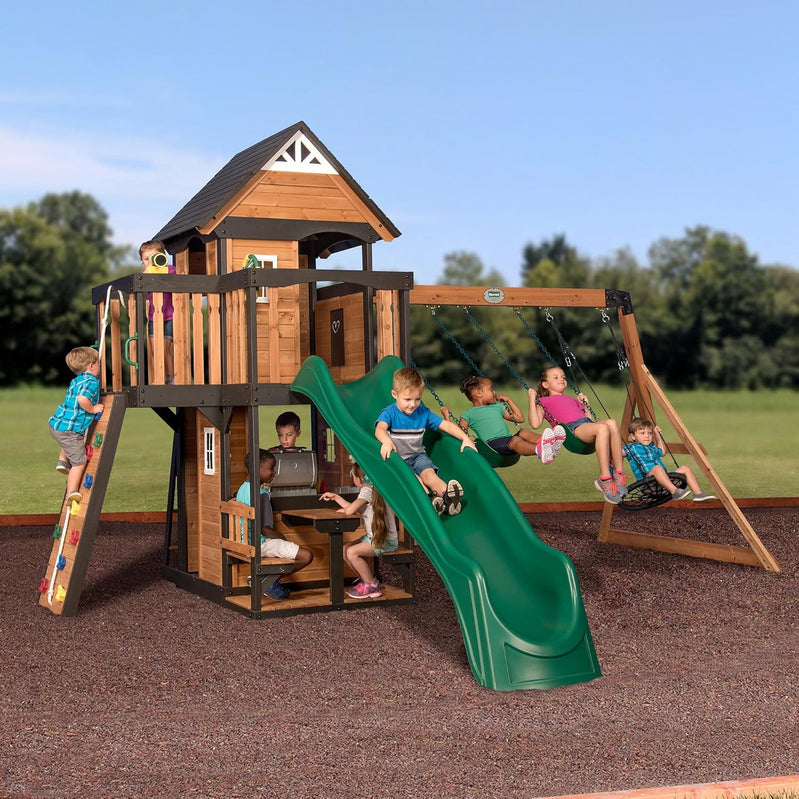 Backyard Discovery Canyon Creek Cedar Wood Swing Set With Wave Slide, Clubhouse, Play Kitchen, Picnic Area, Belt Swings, Web Swing, Rock Wall