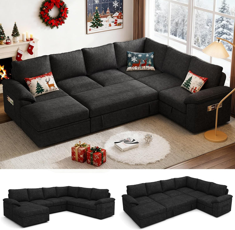 108 In. Sectional Sleeper Sofa With Pull Out Bed, U Shaped 7 Seat Modular Sectional Sofa