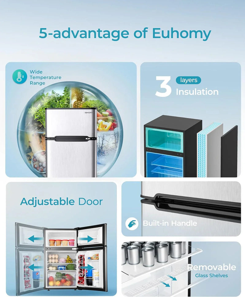 Euhomy 3.2 Cu. Ft. Mini Fridge With Freezer 2-Door Compact Refrigerator For Bedroom, Dorm, Office Or Apartment, Silver