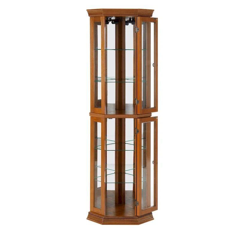 Corner Curio Cabinet With Lights, Adjustable Tempered Glass Shelves, Mirrored Back, Display Cabinet