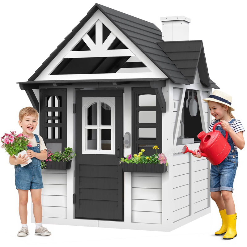 Coclub Outdoor Playhouse For Kids Ages 4-8, Wooden Play House With Doorbell, Phone, Kitchen Toys, Outdoor Kids Play Equipment, Casa Para Ni As