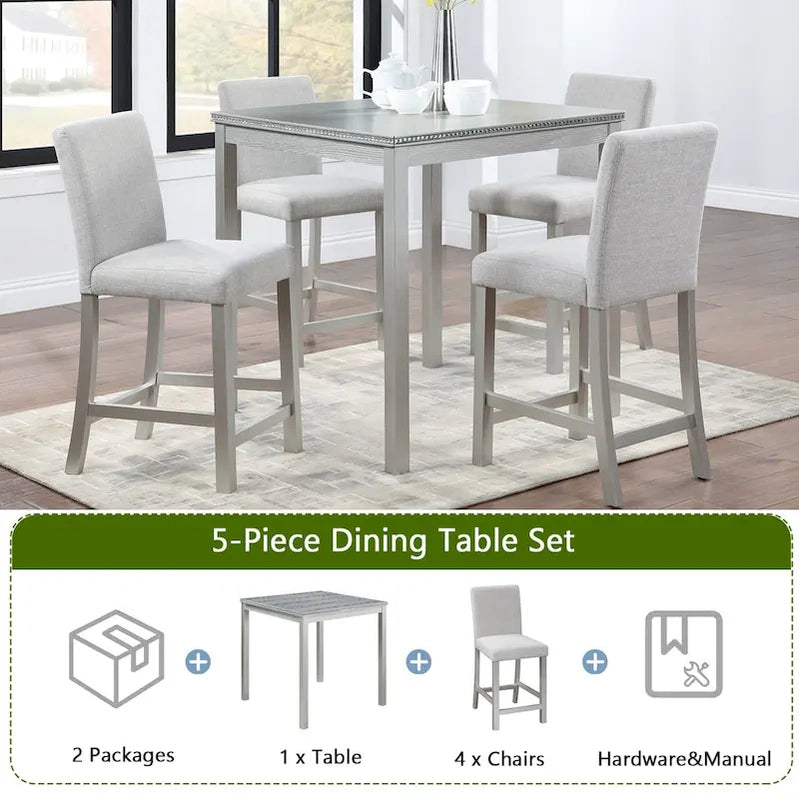 Modern 5-Piece Dining Set With Square Counter Height Table And 4 Upholstered Chairs