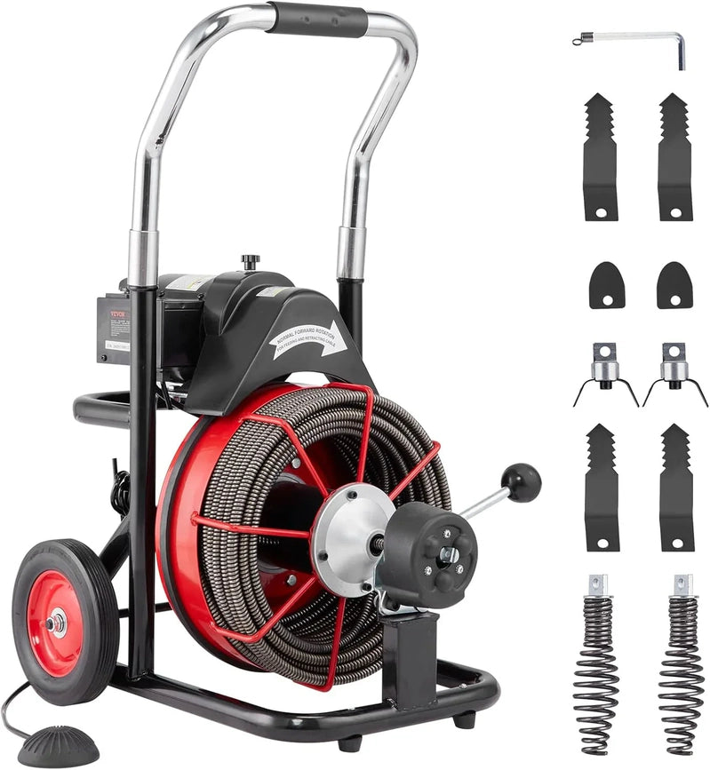 Drain Cleaner Machine 100 Ft. x 1/2 In, Auto Feed Sewer Snake Auger On Wheels