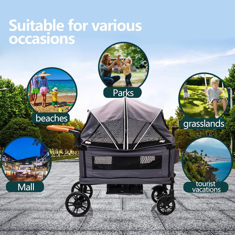 Wagon Stroller For 2 Kids And Cargo-Travel Stroller Push-Pull Double Wagon Lightweight Folding Stroller For Newborn And Toddler With 5-Point