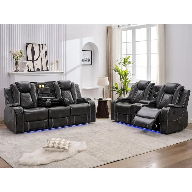 Power Reclining Sofa With Wireless Charger, Reading Light For Living Room, Faux Leather LED Light, AC/USB Port, Cup Holder, Black