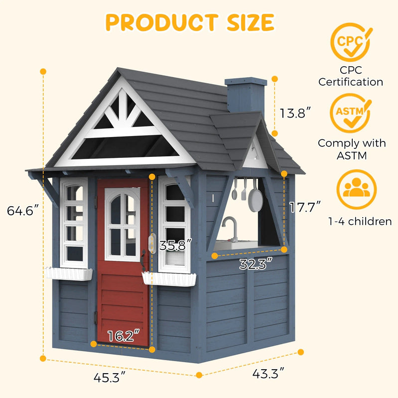 Coclub Outdoor Playhouse For Kids Ages 4-8, Wooden Play House With Doorbell, Phone, Kitchen Toys, Outdoor Kids Play Equipment, Casa Para Ni As