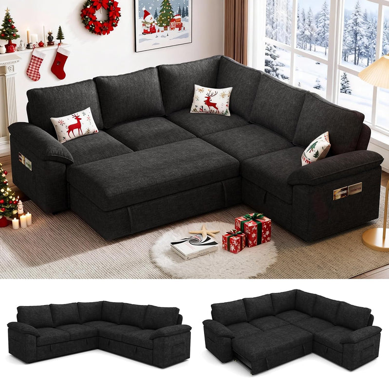 108 In. Sectional Sleeper Sofa With Pull Out Bed, U Shaped 7 Seat Modular Sectional Sofa