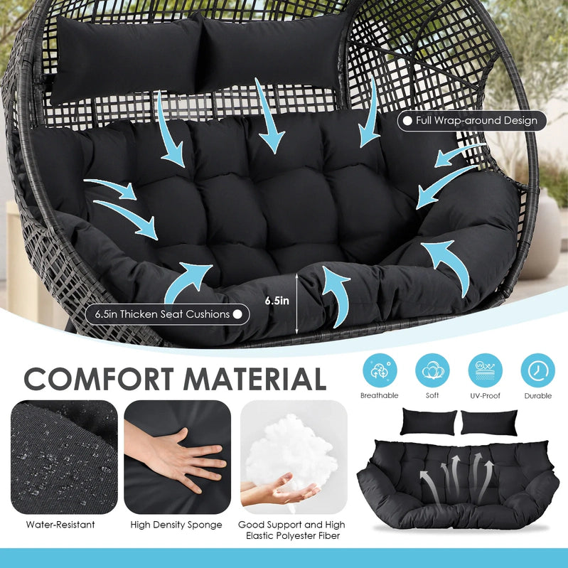 Radiata Double Egg Chair For 2 Person, Oversized Wicker Loveseat With Thick Cushions, 680 Lbs Capacity