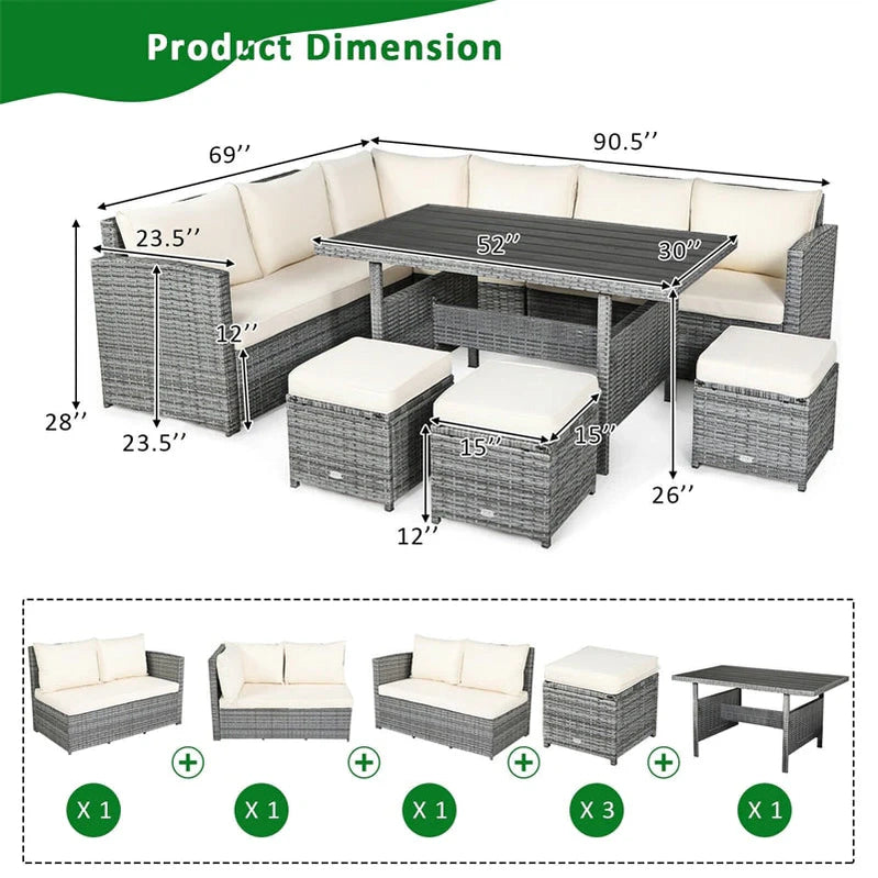7 Pcs Rattan Patio Dining Furniture Sectional Sofa Set With Dining Table, Ottomans And Cushions