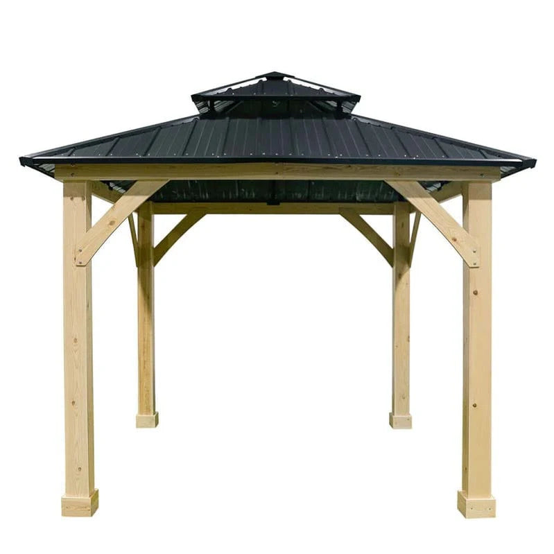 10 x 10 Ft. Outdoor Patio Hardtop Gazebo With Wood Frame And 2-Tier Metal Roof, All-Weather Gazebo Pergolas Shelter