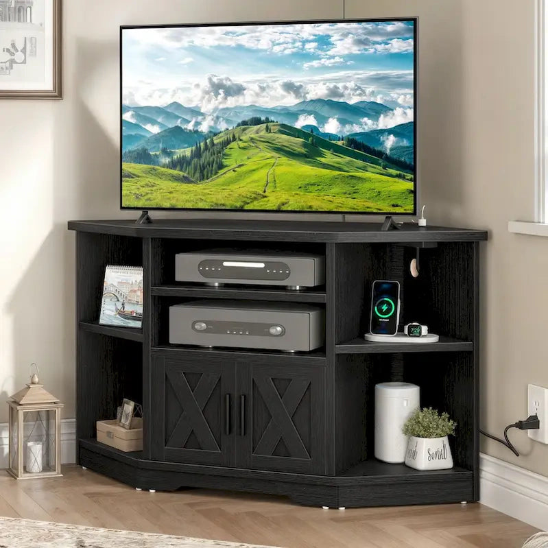 Farmhouse Corner TV Stand Entertainment Center Media Console For TVs Up To 55 With Power Outlet