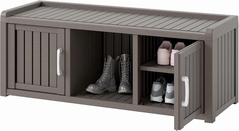 Kamaboko Outdoor Shoe Storage Cabinet, Waterproof UV-Resistant Entryway Storage Bench Indoor Outdoor With 2 Barn Doors