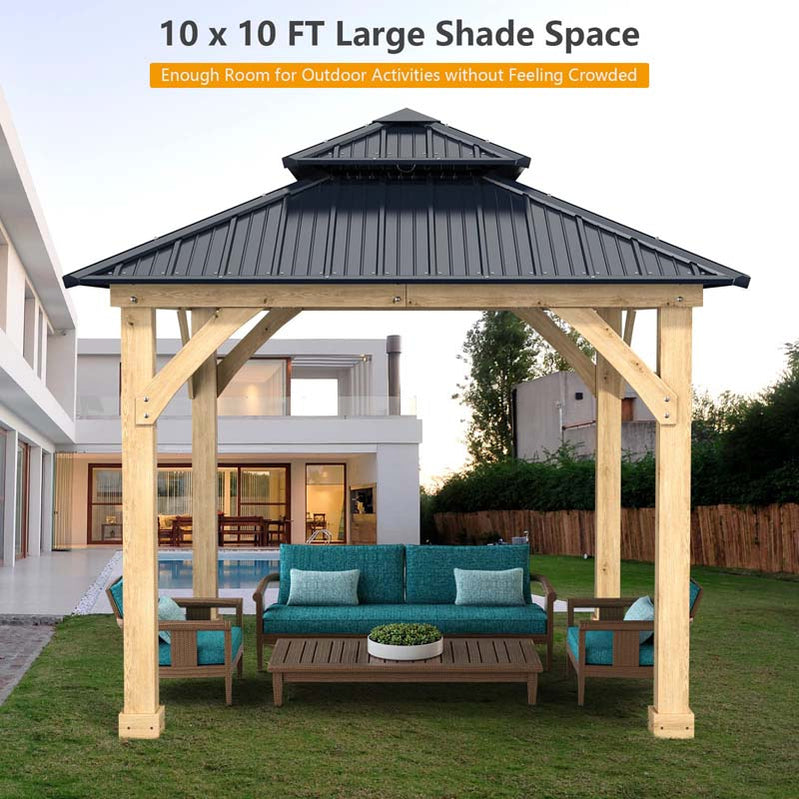 10 x 10 Ft. Outdoor Patio Hardtop Gazebo With Wood Frame And 2-Tier Metal Roof, All-Weather Gazebo Pergolas Shelter