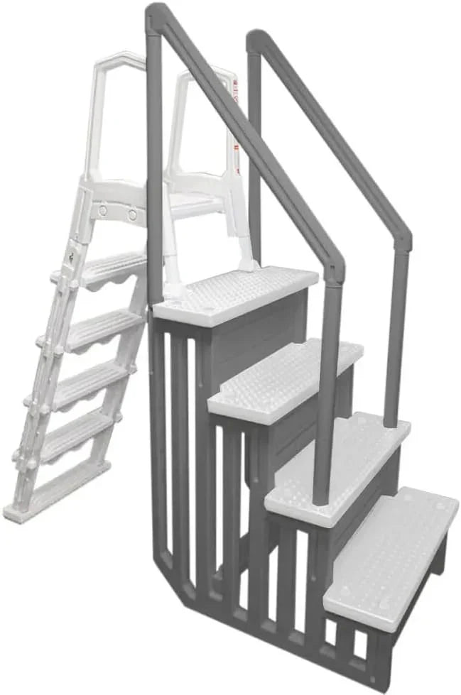 Non-Slip Entry Steps For Pools, Grey, For Above-Ground Pools, Can Be Installed On Terraces With A Height Of 122 To 137 Cm, Load Capacity Up To 136 Kg