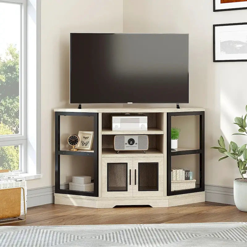 Farmhouse Corner TV Stand Entertainment Center Media Console For TVs Up To 55 With Power Outlet