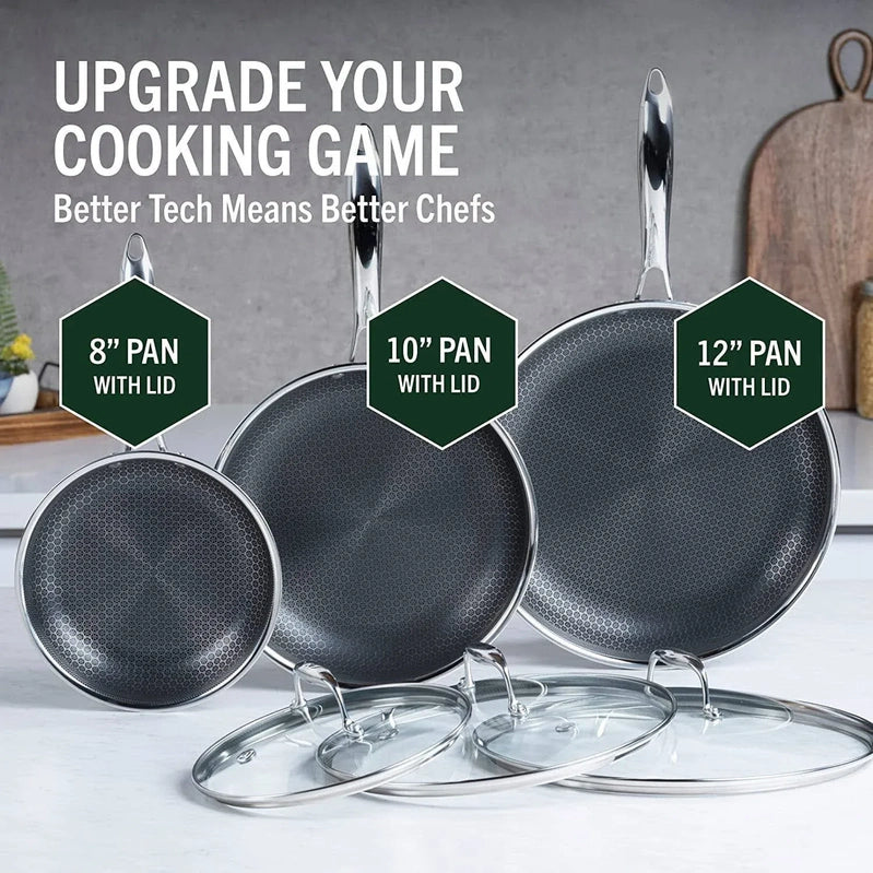 HexClad 6 Piece Hybrid Stainless Steel Cookware Pan Set 8 In., 10 In., 12 In. With Glass Lids, Size, One Size, Black