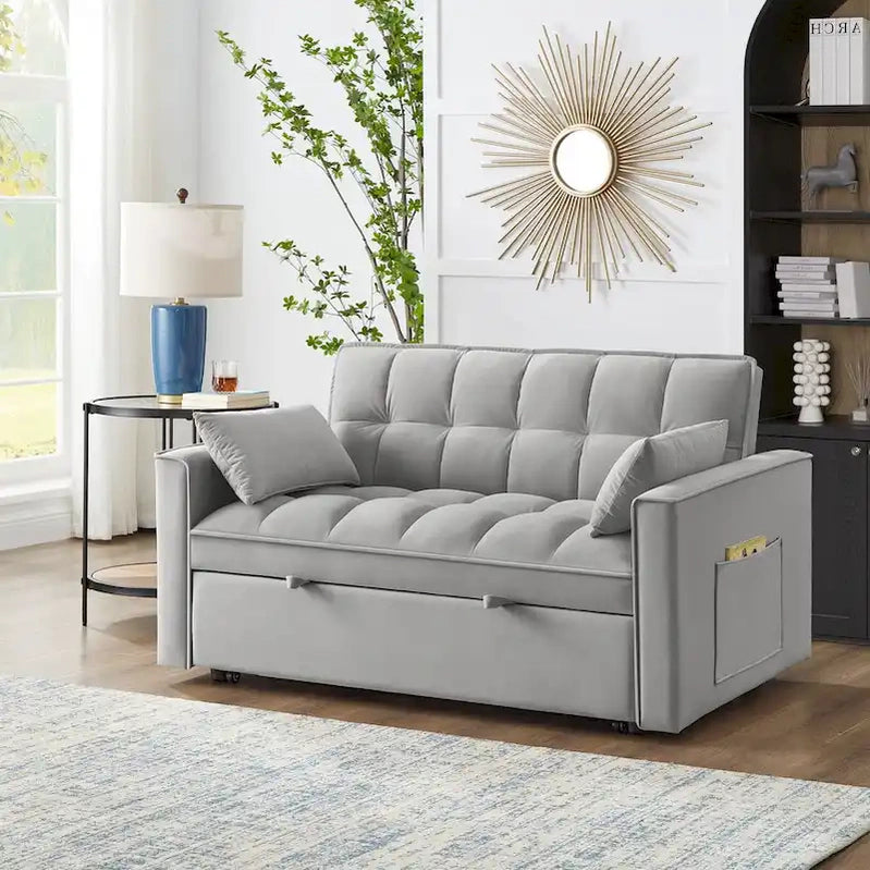 4 in1 Loveseat Sofa Bed With Armrests And Storage Pockets, Multi-Function Tufted Pull-Out Sofa Bed With Adjustable Backrest