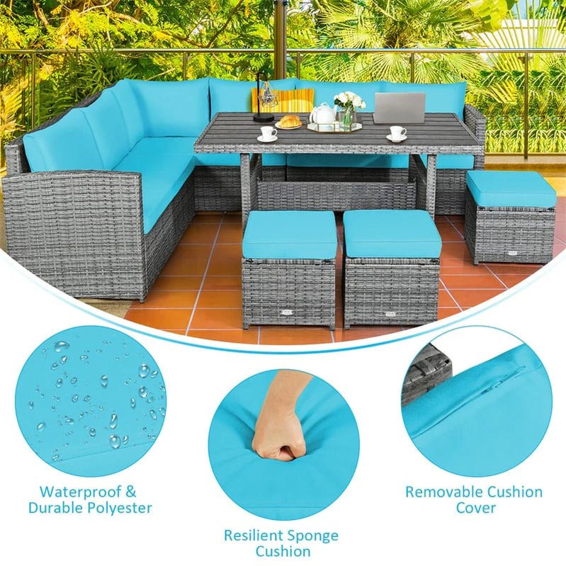 7 Pcs Rattan Patio Dining Furniture Sectional Sofa Set With Dining Table, Ottomans And Cushions