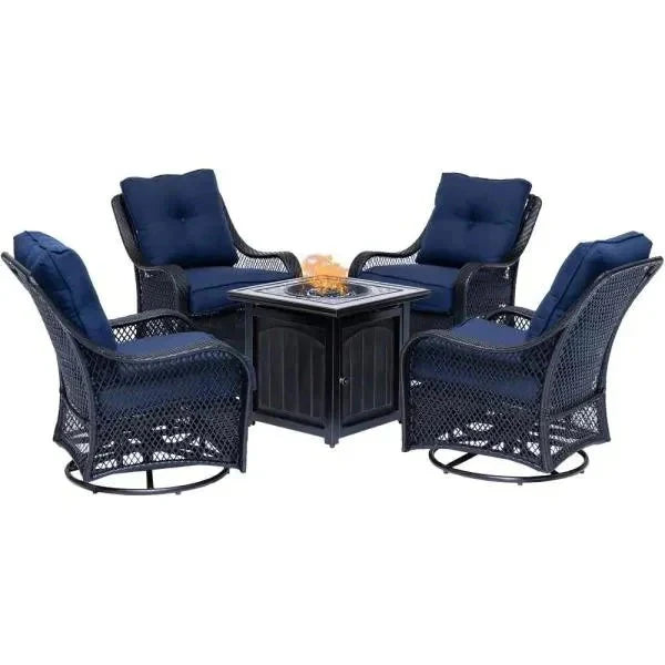 5-piece Steel Patio Fire Pit Seating Set With Navy Blue Cushions, Swivel Gliders And Square Fire Pit Table