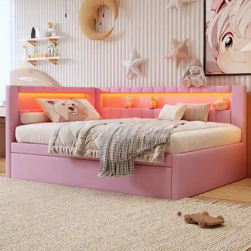 Upholstered Platform Bed With USB Ports And LED Lighting, Full/Twin Size Bed Frame With 2 Storage Drawers, Modern Bedroom