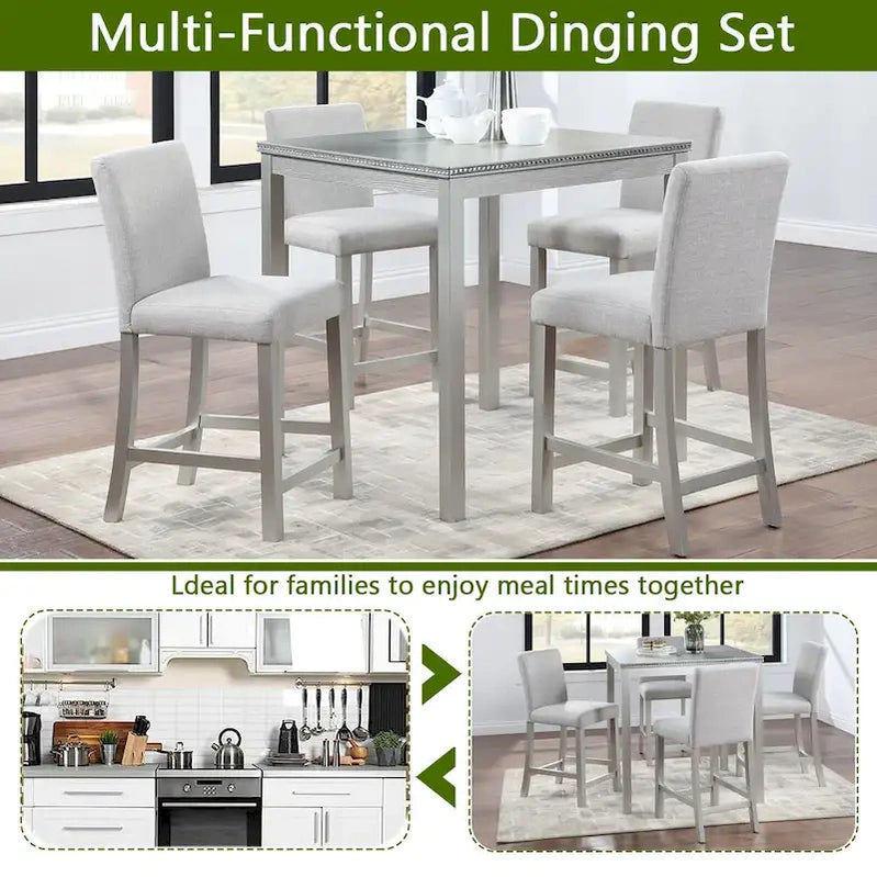 Modern 5-Piece Dining Set With Square Counter Height Table And 4 Upholstered Chairs