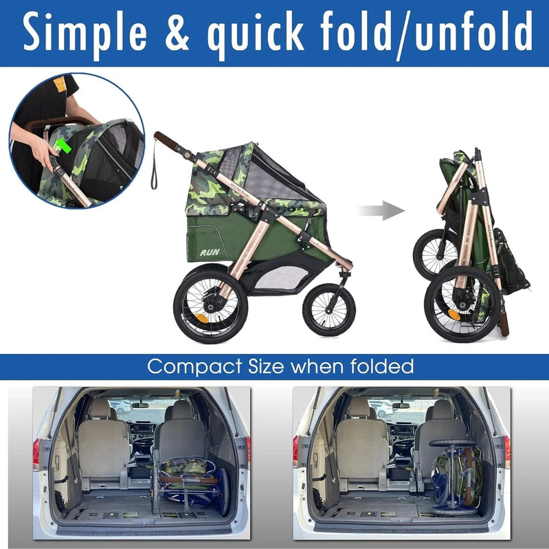 Jogging Sports Stroller With Comfort Rubber Wheels/Zipper-Less Entry/1-Hand Quick Fold/Aluminum Frame For Small/Medium Dogs, Cats And Pets, Green Camo