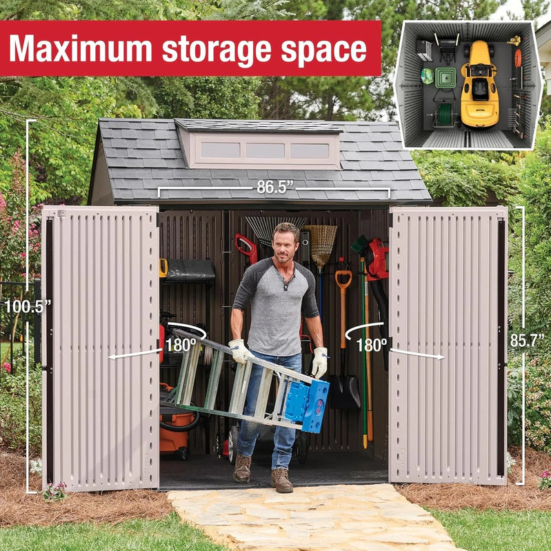 Rubbermaid Resin Garden Shed With Floor, 2.13 x 2.13 M, Weatherproof, Grey, For Storing Garden Tools, Lawnmowers, Bicycles And Pool Accessories
