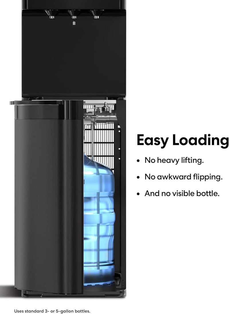 Self Cleaning Bottom Loading Water Cooler Water Dispenser Black Stainless Steel, 3 Temperature Settings, Hot, Room And Cold Water