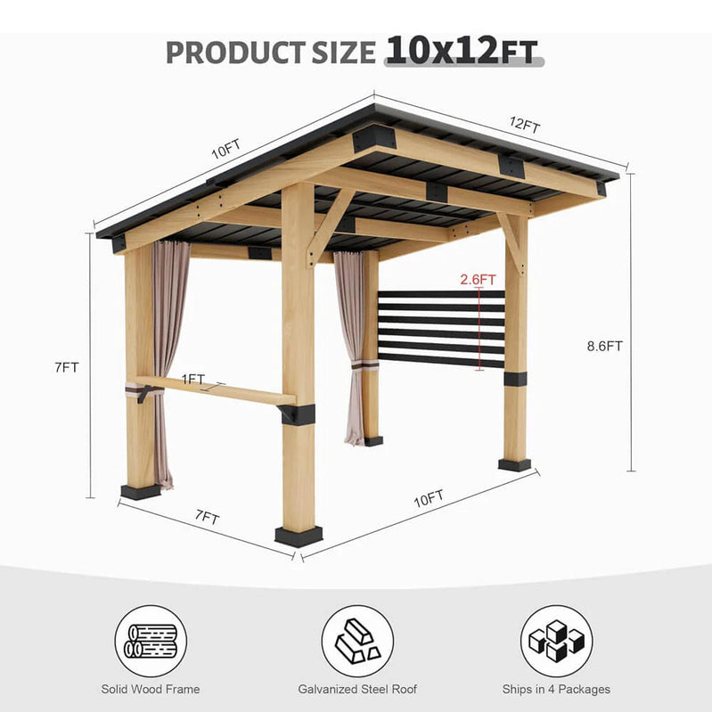 10x12FT Heavy Duty Premium Outdoor All-Season Wooden Cedar Hardtop Gazebo With Metal Roof And Back Curtains, SAK57184