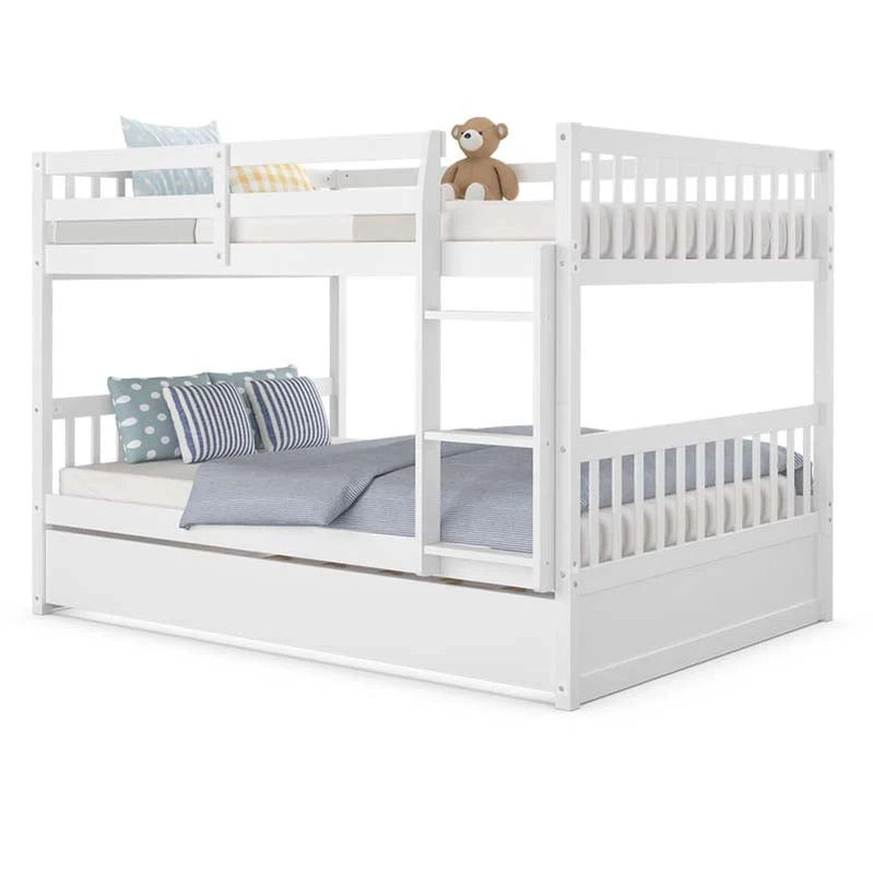 Solid Wood Full Over Full Bunk Bed Frame With Trundle, Safety Ladder And Guardrails, Convertible Bunk Bed For Kids Teens