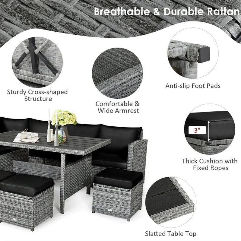 7 Pcs Rattan Patio Dining Furniture Sectional Sofa Set With Dining Table, Ottomans And Cushions