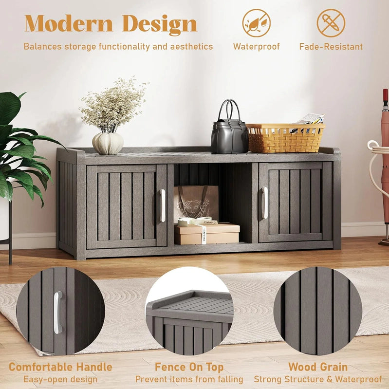Kamaboko Outdoor Shoe Storage Cabinet, Waterproof UV-Resistant Entryway Storage Bench Indoor Outdoor With 2 Barn Doors