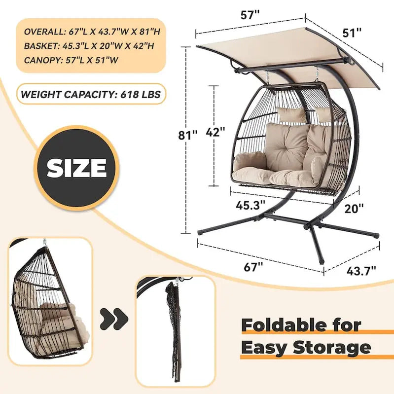 Outdoor Swing Loveseat With Stand, Foldable Hanging Chair, Hammock Cushion, And Awning, Double Egg Chair, Beige
