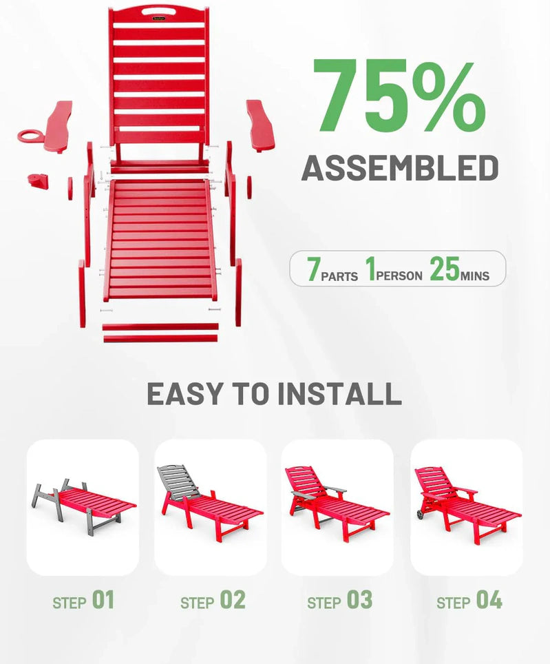 Lounge Chair Outdoor, Chaise Lounge, HDPE 6-Position Outdoor Chaise Lounge