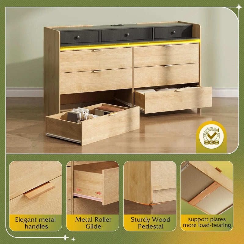 9 Drawer LED Dresser For Bedroom, 58.35 In. Wide Wood Dresser Storage Organizer With Power Outlets For 65 In. TV, Dressers With Open Shelves