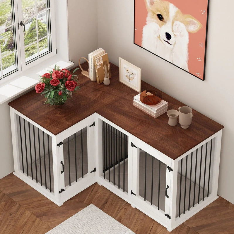 Large Corner Dog Crate Furniture For 2 Dogs, L Shape Dog Crate Cage, 58.7X41.1
