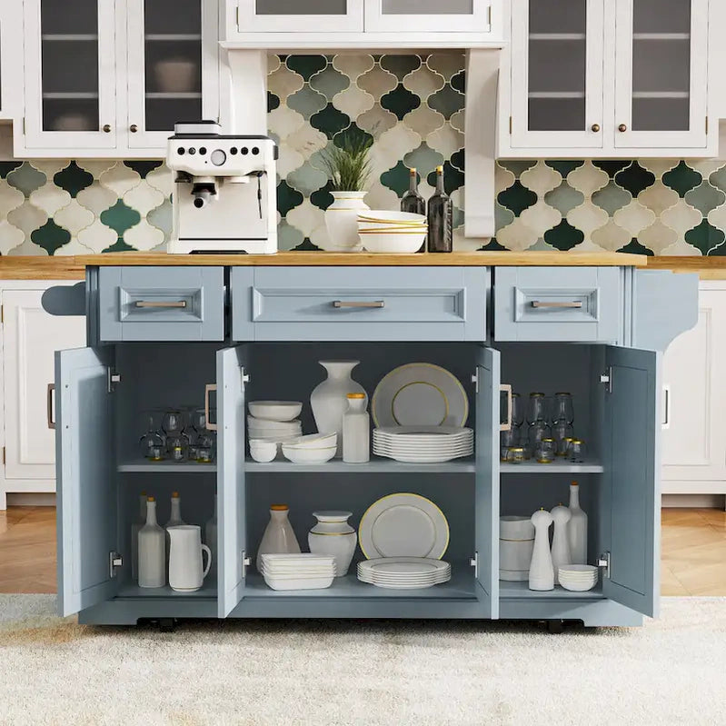 54 Large Kitchen Island With Rubber Wood Drop Leaf, Embossed Texture Rolling Kitchen Cart On 4 Wheels With 4 Doors And 3 Drawers