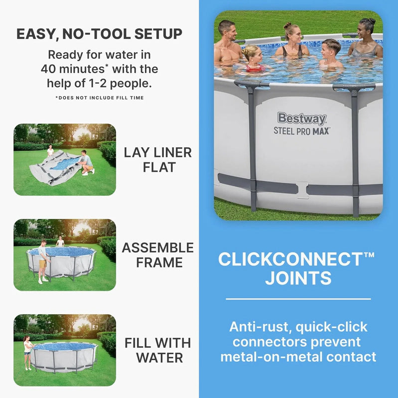 Steel Pro MAX 14 Ft. x 48 In. Round Metal Frame Above Ground Outdoor Swimming Pool Set With 1,000 Filter Pump, Ladder, And Cover, Gray