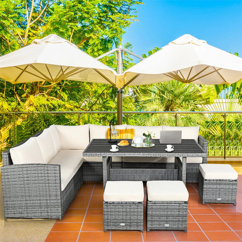 7 Pcs Rattan Patio Dining Furniture Sectional Sofa Set With Dining Table, Ottomans And Cushions