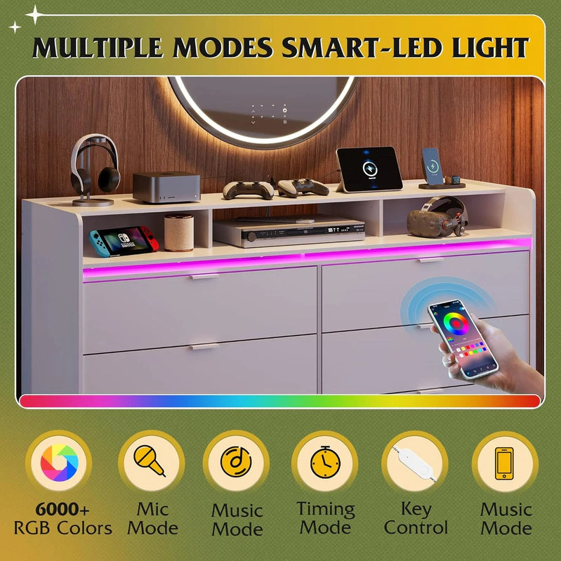 9 Drawer LED Dresser For Bedroom, 58.35 In. Wide Wood Dresser Storage Organizer With Power Outlets For 65 In. TV, Dressers With Open Shelves