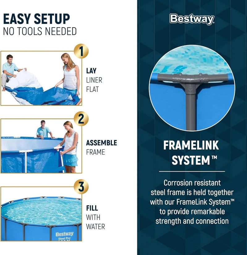 Steel Pro MAX 14 Ft. x 48 In. Round Metal Frame Above Ground Outdoor Swimming Pool Set With 1,000 Filter Pump, Ladder, And Cover, Gray