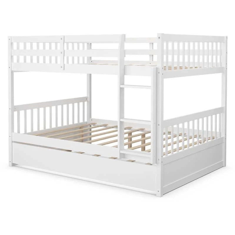 Solid Wood Full Over Full Bunk Bed Frame With Trundle, Safety Ladder And Guardrails, Convertible Bunk Bed For Kids Teens