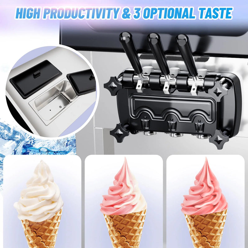 Garvee 2200W Commercial Ice Cream Machine, 3 Flavor Soft Serve Ice Cream Machine, 5.3-7.4 Gal/Hr, With LCD Touch Screen, Automatic Cleaning