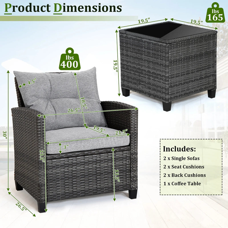 Gymax 3PCS Patio Rattan Sofa Set Outdoor Wicker Conversation Set Glass Tabletop w/Grey Cushion