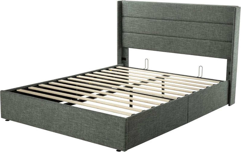 Allewie Queen Size Lift Up Storage Bed, Modern Wingback Headboard, Hydraulic Support, No Box Spring Needed, Light Beige