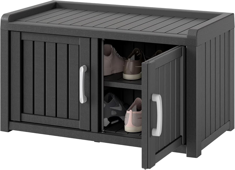Kamaboko Outdoor Shoe Storage Cabinet, Waterproof UV-Resistant Entryway Storage Bench Indoor Outdoor With 2 Barn Doors