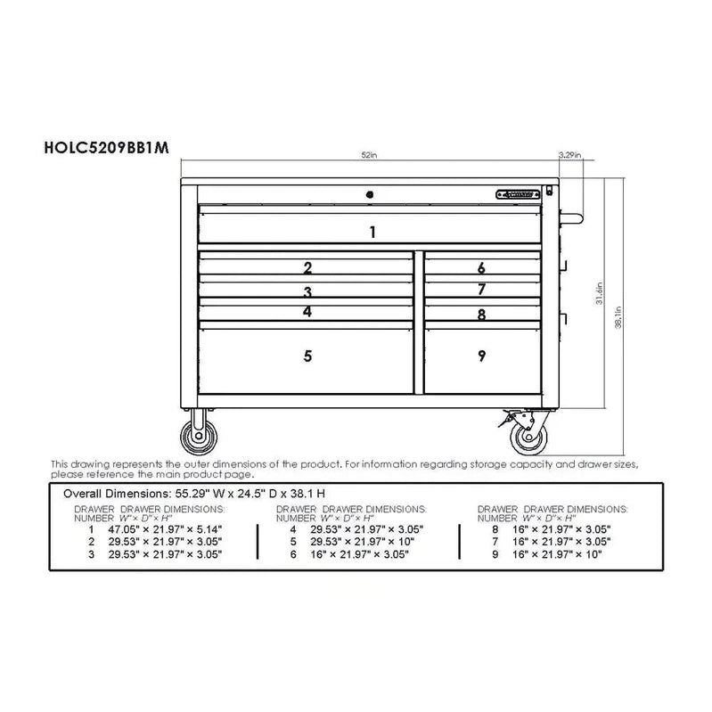 Heavy-Duty 52 In. 9-Drawer Mobile Workbench With Adjustable-Height Solid Wood Top In Matte Blue