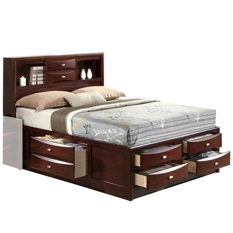 Panel Design Queen Size Bed With Bookcase And Drawers, Brown
