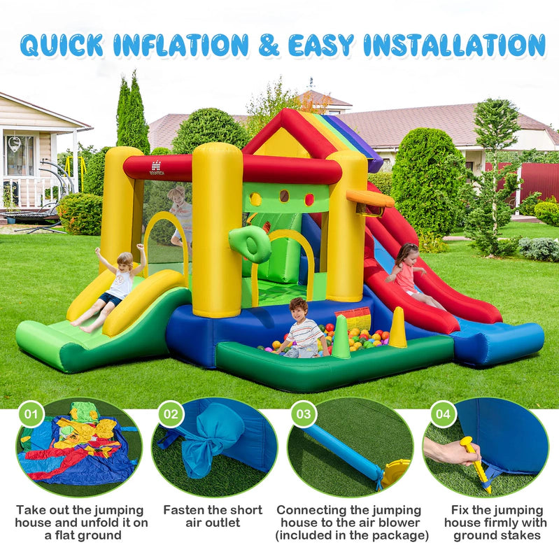 Costway Colorful Rainbow Kids Inflatable Bounce Castle With 50 Ocean Balls And 735W Blower